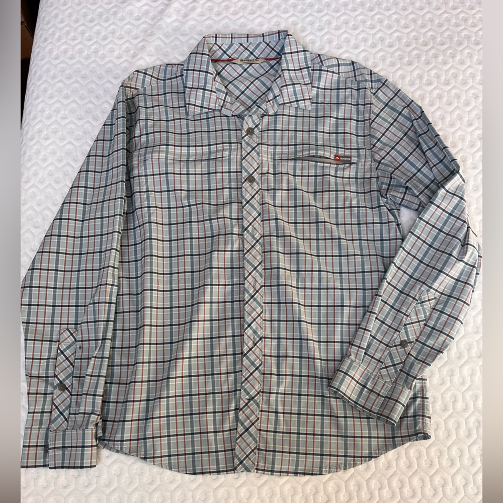 Simms Plaid Button-Down Guide Shirt in Light Blue, Gray and Red
